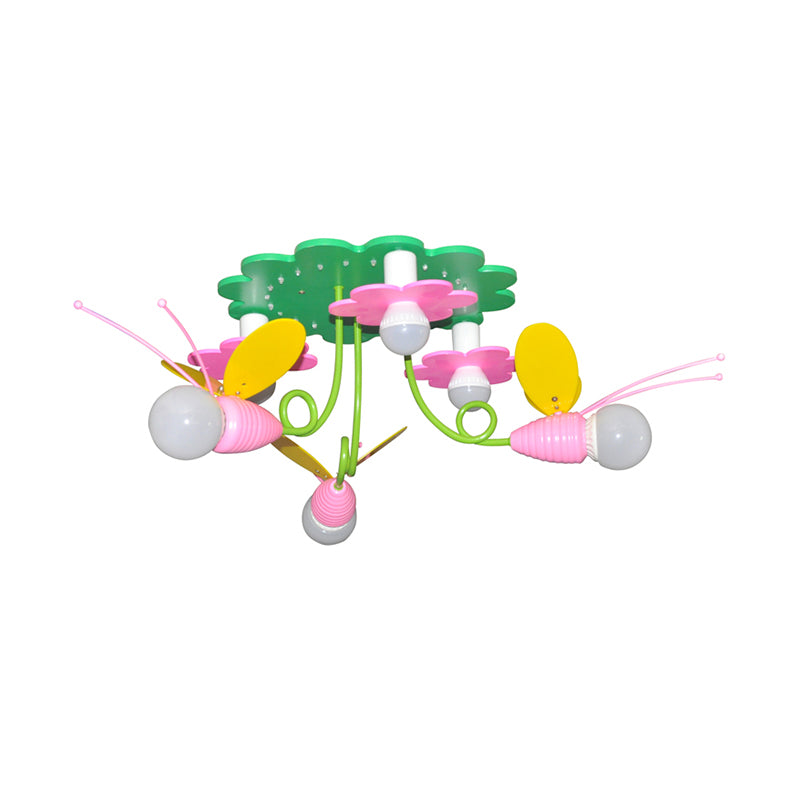 Bee-Like Wood Semi Flush Light Fixture Cartoon 6 Heads Green and Pink Flush Ceiling Lamp Clearhalo 'Ceiling Lights' 'Close To Ceiling Lights' 'Close to ceiling' 'Semi-flushmount' Lighting' 1062492