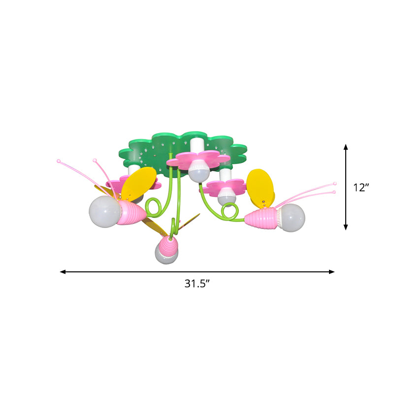 Bee-Like Wood Semi Flush Light Fixture Cartoon 6 Heads Green and Pink Flush Ceiling Lamp Clearhalo 'Ceiling Lights' 'Close To Ceiling Lights' 'Close to ceiling' 'Semi-flushmount' Lighting' 1062493