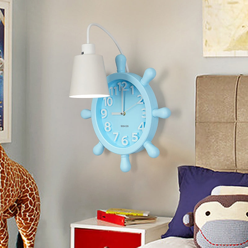 Clock Wall Mounted Light with Rudder Design Kids Metal 1 Light Pink/Blue Finish Wall Lamp Fixture for Bedside Blue Clearhalo 'Wall Lamps & Sconces' 'Wall Lights' Lighting' 1062502