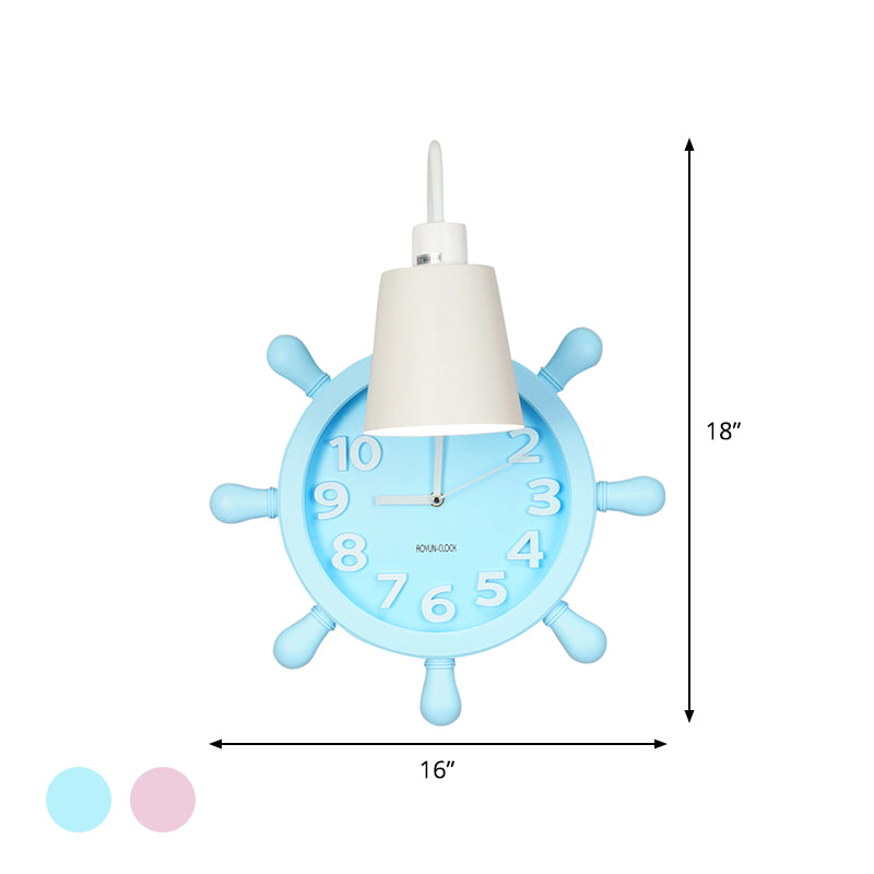 Clock Wall Mounted Light with Rudder Design Kids Metal 1 Light Pink/Blue Finish Wall Lamp Fixture for Bedside Clearhalo 'Wall Lamps & Sconces' 'Wall Lights' Lighting' 1062505