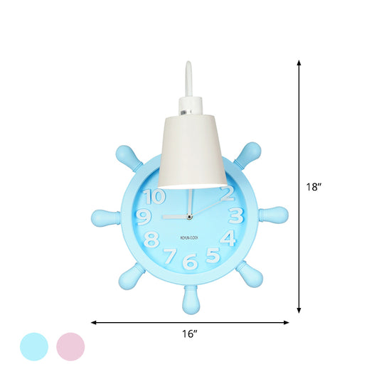 Clock Wall Mounted Light with Rudder Design Kids Metal 1 Light Pink/Blue Finish Wall Lamp Fixture for Bedside Clearhalo 'Wall Lamps & Sconces' 'Wall Lights' Lighting' 1062505