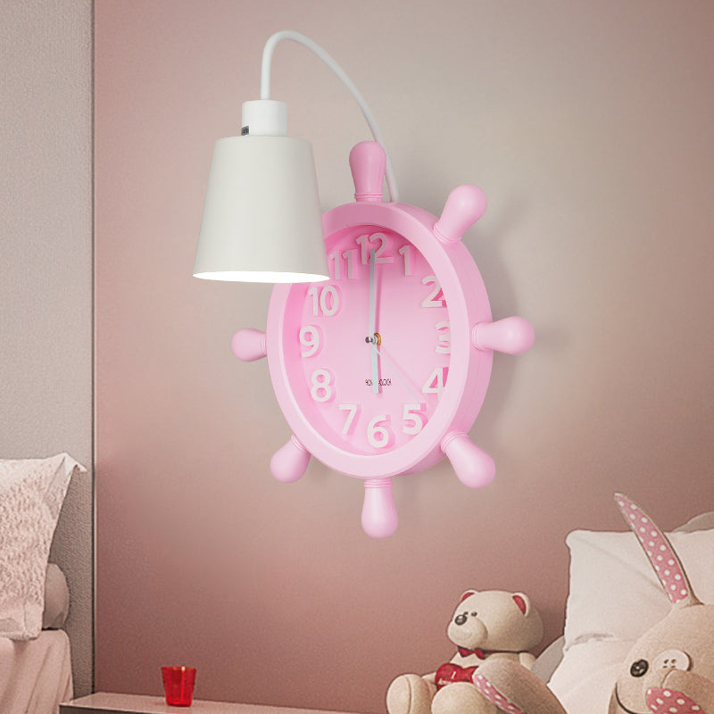 Clock Wall Mounted Light with Rudder Design Kids Metal 1 Light Pink/Blue Finish Wall Lamp Fixture for Bedside Pink Clearhalo 'Wall Lamps & Sconces' 'Wall Lights' Lighting' 1062506