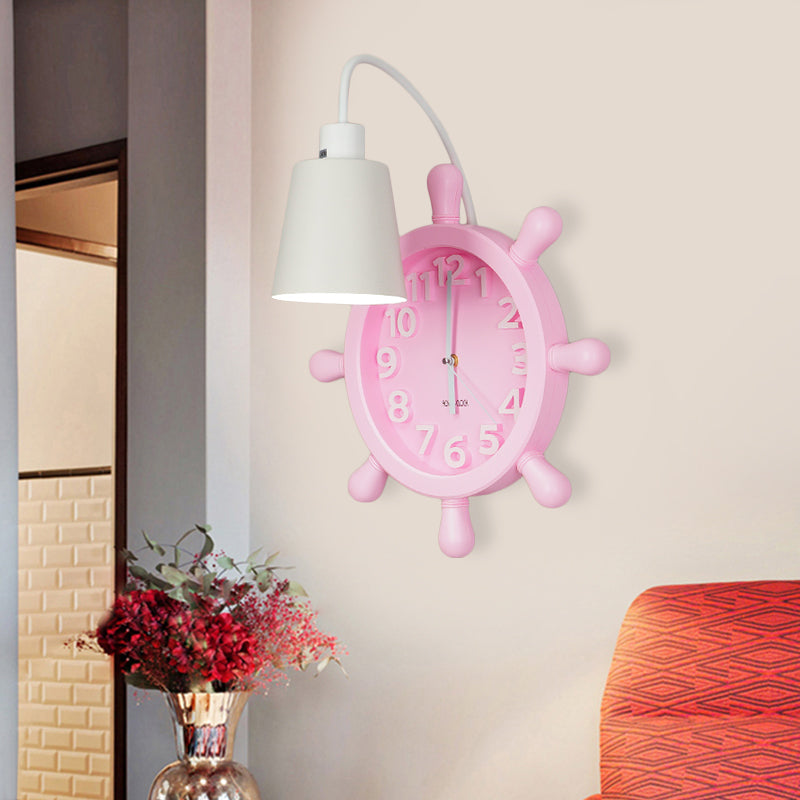 Clock Wall Mounted Light with Rudder Design Kids Metal 1 Light Pink/Blue Finish Wall Lamp Fixture for Bedside Clearhalo 'Wall Lamps & Sconces' 'Wall Lights' Lighting' 1062507