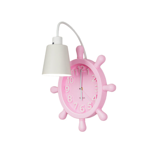 Clock Wall Mounted Light with Rudder Design Kids Metal 1 Light Pink/Blue Finish Wall Lamp Fixture for Bedside Clearhalo 'Wall Lamps & Sconces' 'Wall Lights' Lighting' 1062508