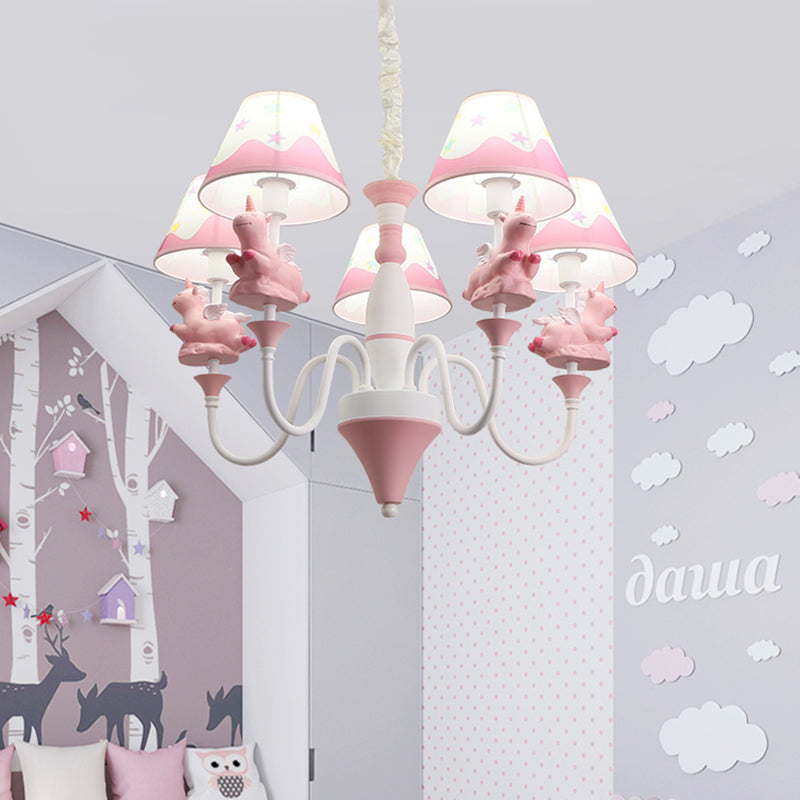 Conic Fabric Shade Ceiling Chandelier Cartoon 5 Lights Pink/Blue/Gold Finish Pendulum Lamp with Unicorn Decor Pink Clearhalo 'Ceiling Lights' 'Chandeliers' Lighting' options 1062514_acaa4151-69f3-4a26-9b76-e19571394c58