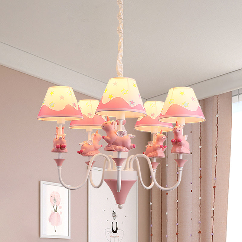 Conic Fabric Shade Ceiling Chandelier Cartoon 5 Lights Pink/Blue/Gold Finish Pendulum Lamp with Unicorn Decor Clearhalo 'Ceiling Lights' 'Chandeliers' Lighting' options 1062515