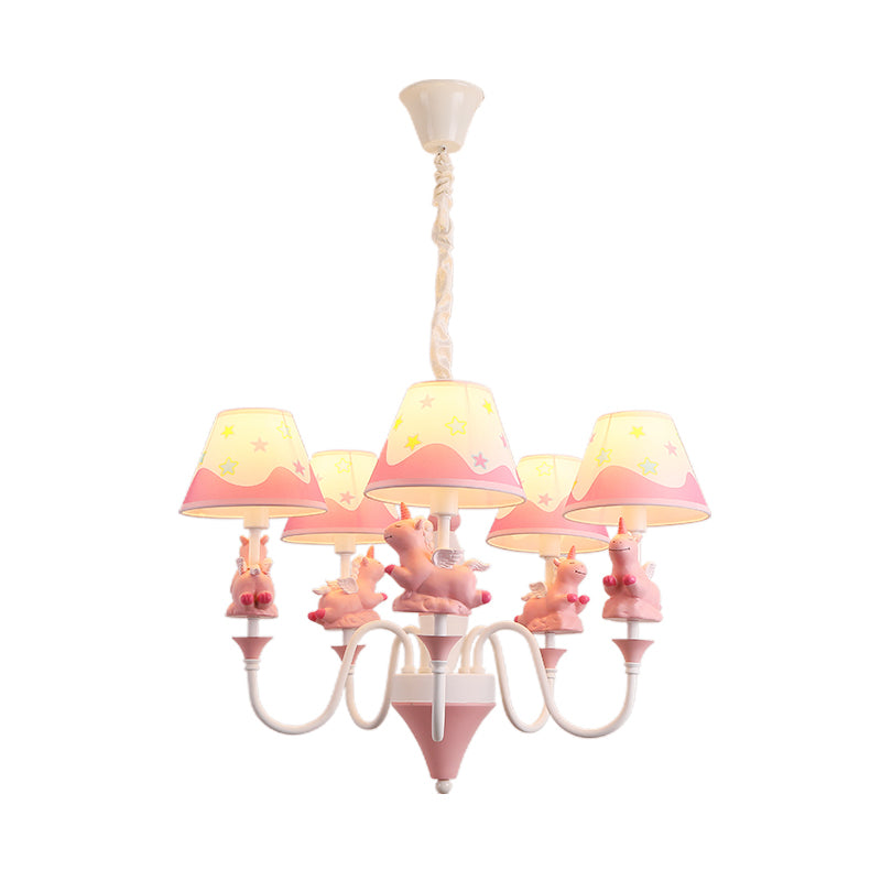 Conic Fabric Shade Ceiling Chandelier Cartoon 5 Lights Pink/Blue/Gold Finish Pendulum Lamp with Unicorn Decor Clearhalo 'Ceiling Lights' 'Chandeliers' Lighting' options 1062516