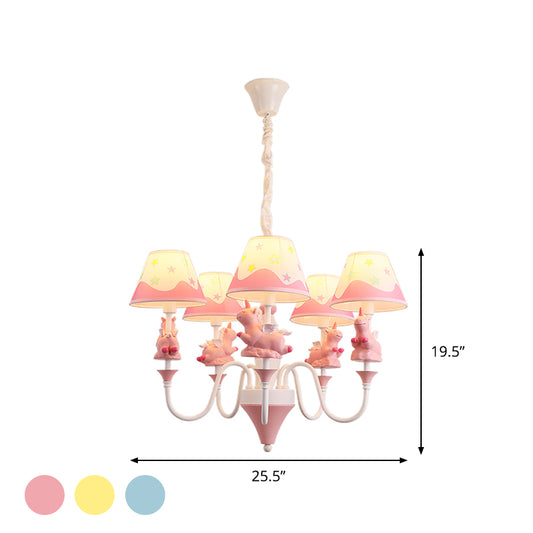 Conic Fabric Shade Ceiling Chandelier Cartoon 5 Lights Pink/Blue/Gold Finish Pendulum Lamp with Unicorn Decor Clearhalo 'Ceiling Lights' 'Chandeliers' Lighting' options 1062517