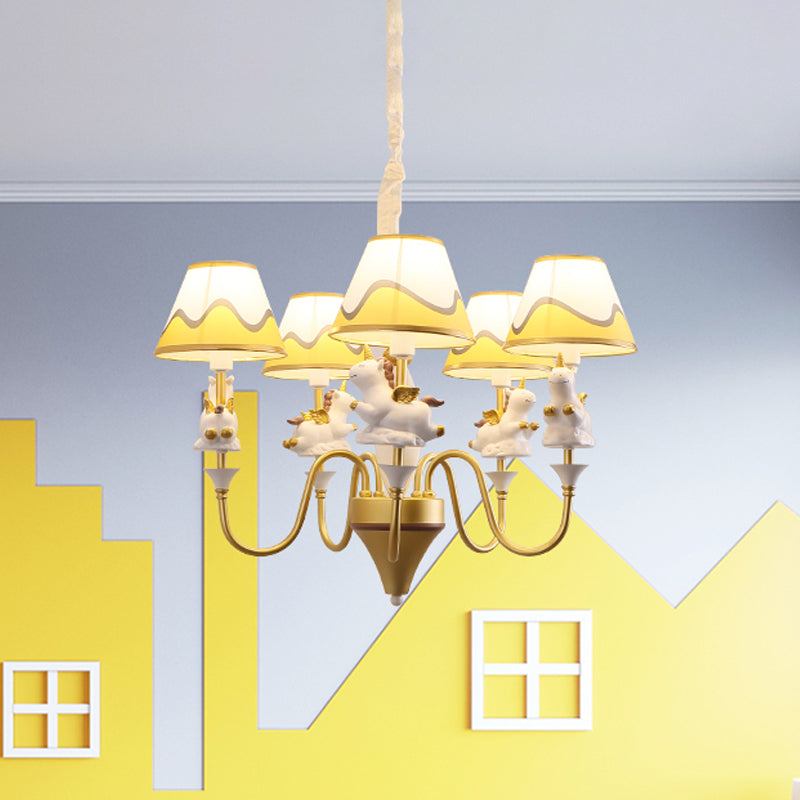 Conic Fabric Shade Ceiling Chandelier Cartoon 5 Lights Pink/Blue/Gold Finish Pendulum Lamp with Unicorn Decor Gold Clearhalo 'Ceiling Lights' 'Chandeliers' Lighting' options 1062518_98a8e6af-ca72-471e-9435-7570d41beb7c