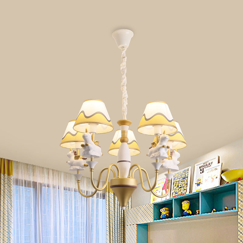 Conic Fabric Shade Ceiling Chandelier Cartoon 5 Lights Pink/Blue/Gold Finish Pendulum Lamp with Unicorn Decor Clearhalo 'Ceiling Lights' 'Chandeliers' Lighting' options 1062520