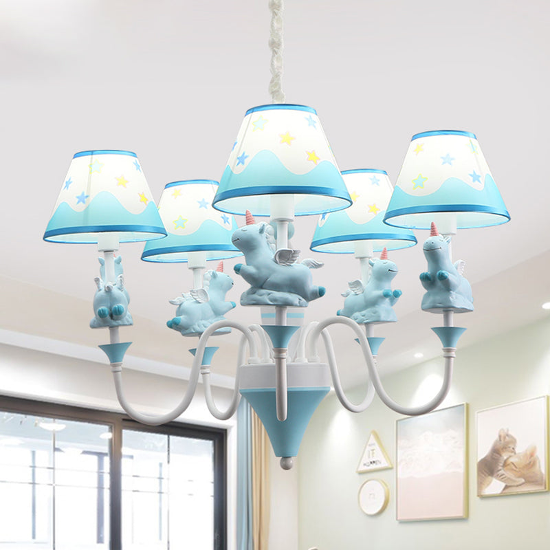 Conic Fabric Shade Ceiling Chandelier Cartoon 5 Lights Pink/Blue/Gold Finish Pendulum Lamp with Unicorn Decor Blue Clearhalo 'Ceiling Lights' 'Chandeliers' Lighting' options 1062522_d3036d6e-38a4-4d4b-9ccf-5fd538db8070