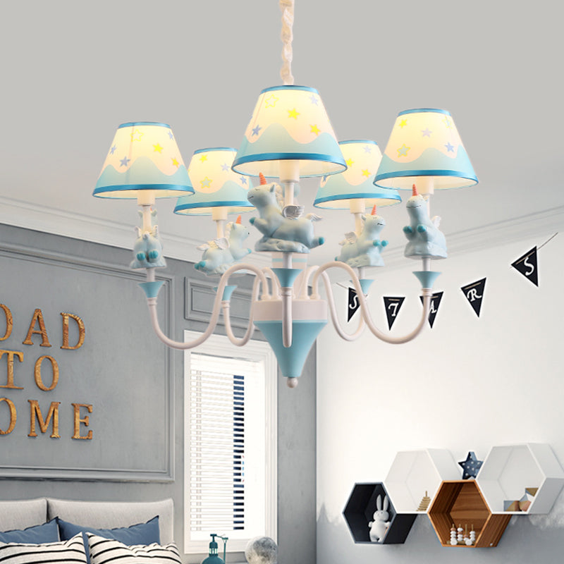Conic Fabric Shade Ceiling Chandelier Cartoon 5 Lights Pink/Blue/Gold Finish Pendulum Lamp with Unicorn Decor Clearhalo 'Ceiling Lights' 'Chandeliers' Lighting' options 1062523