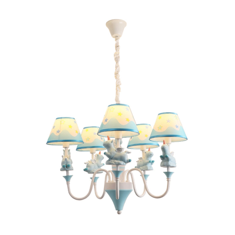 Conic Fabric Shade Ceiling Chandelier Cartoon 5 Lights Pink/Blue/Gold Finish Pendulum Lamp with Unicorn Decor Clearhalo 'Ceiling Lights' 'Chandeliers' Lighting' options 1062524