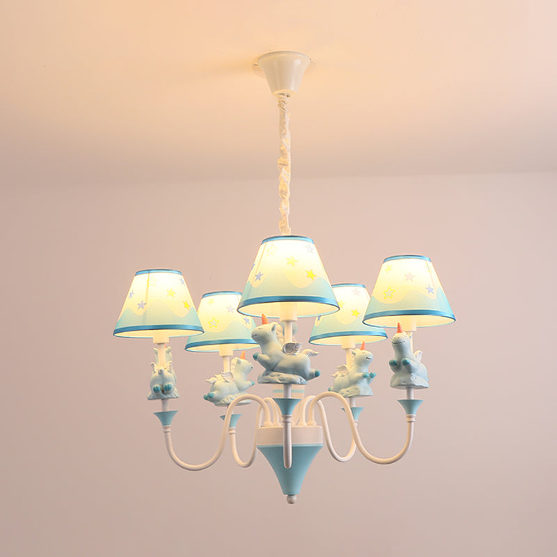Conic Fabric Shade Ceiling Chandelier Cartoon 5 Lights Pink/Blue/Gold Finish Pendulum Lamp with Unicorn Decor Clearhalo 'Ceiling Lights' 'Chandeliers' Lighting' options 1062525