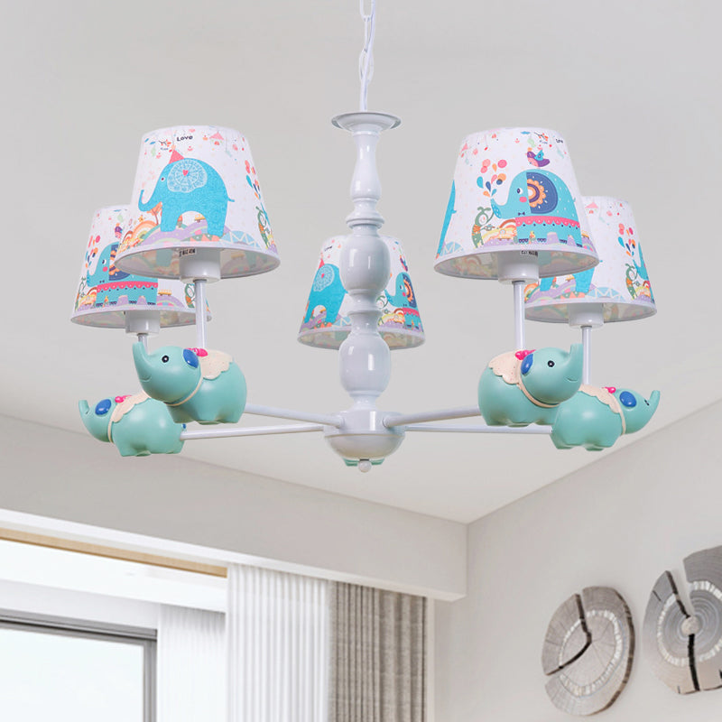 Resin Elephant Hanging Chandelier Cartoon 5/6 Heads Light Blue Ceiling Pendant Light with Barrel Patterned Fabric Shade Clearhalo 'Ceiling Lights' 'Chandeliers' Lighting' options 1062526