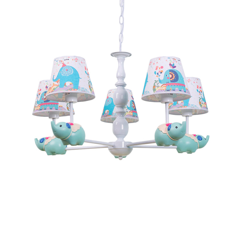 Resin Elephant Hanging Chandelier Cartoon 5/6 Heads Light Blue Ceiling Pendant Light with Barrel Patterned Fabric Shade Clearhalo 'Ceiling Lights' 'Chandeliers' Lighting' options 1062527