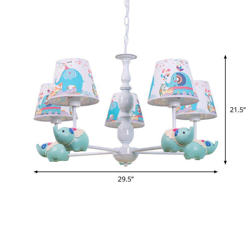 Resin Elephant Hanging Chandelier Cartoon 5/6 Heads Light Blue Ceiling Pendant Light with Barrel Patterned Fabric Shade Clearhalo 'Ceiling Lights' 'Chandeliers' Lighting' options 1062529
