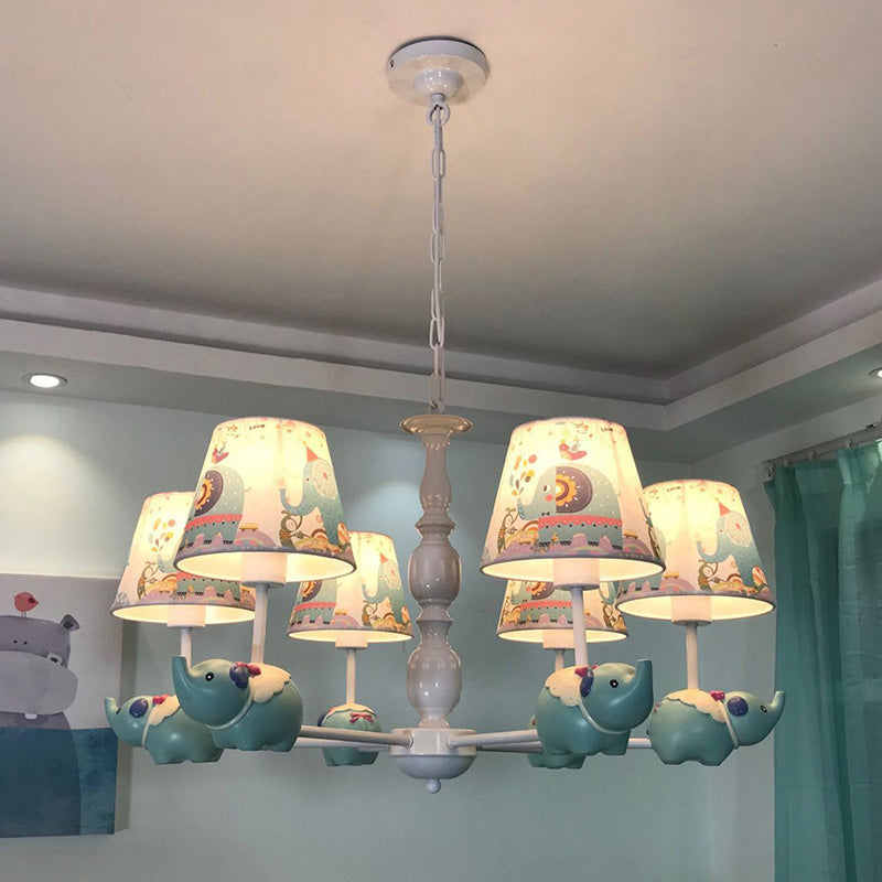 Resin Elephant Hanging Chandelier Cartoon 5/6 Heads Light Blue Ceiling Pendant Light with Barrel Patterned Fabric Shade 6 Light Blue Clearhalo 'Ceiling Lights' 'Chandeliers' Lighting' options 1062530_0a845002-ec71-4a58-b90a-2b79abd85313