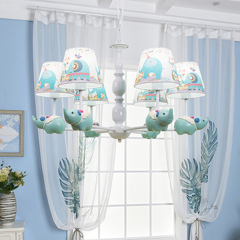 Resin Elephant Hanging Chandelier Cartoon 5/6 Heads Light Blue Ceiling Pendant Light with Barrel Patterned Fabric Shade Clearhalo 'Ceiling Lights' 'Chandeliers' Lighting' options 1062531