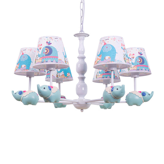 Resin Elephant Hanging Chandelier Cartoon 5/6 Heads Light Blue Ceiling Pendant Light with Barrel Patterned Fabric Shade Clearhalo 'Ceiling Lights' 'Chandeliers' Lighting' options 1062532