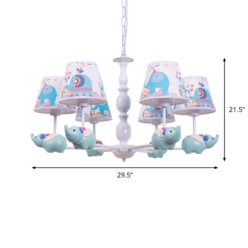 Resin Elephant Hanging Chandelier Cartoon 5/6 Heads Light Blue Ceiling Pendant Light with Barrel Patterned Fabric Shade Clearhalo 'Ceiling Lights' 'Chandeliers' Lighting' options 1062534