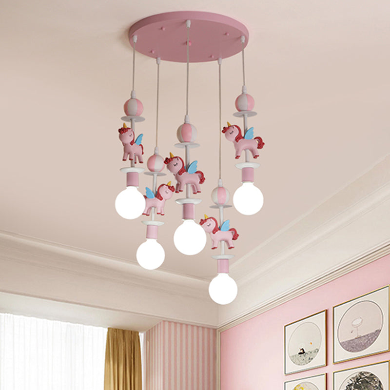 Unicorn Shape Multi Ceiling Light Cartoon Resin 5 Bulbs Pink/Blue Finish Hanging Lamp Kit with Round Canopy Pink Clearhalo 'Ceiling Lights' 'Pendant Lights' 'Pendants' Lighting' 1062563_86d4ae89-7a3d-44fc-aa6b-da4f1367c625