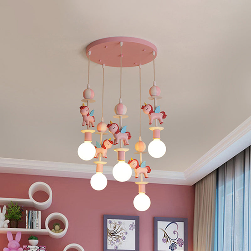 Unicorn Shape Multi Ceiling Light Cartoon Resin 5 Bulbs Pink/Blue Finish Hanging Lamp Kit with Round Canopy Clearhalo 'Ceiling Lights' 'Pendant Lights' 'Pendants' Lighting' 1062564