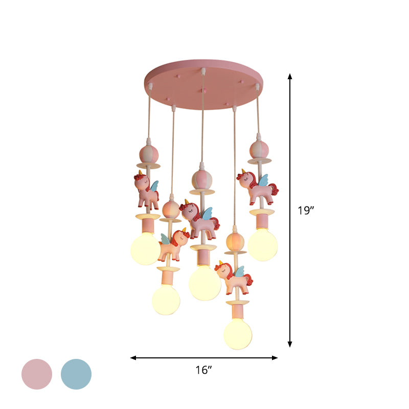 Unicorn Shape Multi Ceiling Light Cartoon Resin 5 Bulbs Pink/Blue Finish Hanging Lamp Kit with Round Canopy Clearhalo 'Ceiling Lights' 'Pendant Lights' 'Pendants' Lighting' 1062566
