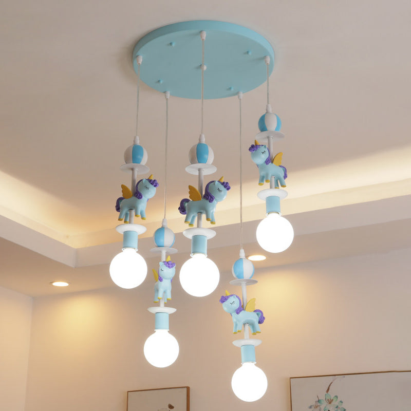 Unicorn Shape Multi Ceiling Light Cartoon Resin 5 Bulbs Pink/Blue Finish Hanging Lamp Kit with Round Canopy Blue Clearhalo 'Ceiling Lights' 'Pendant Lights' 'Pendants' Lighting' 1062567_81bda470-87cd-413f-bee4-cbcd312f5e85