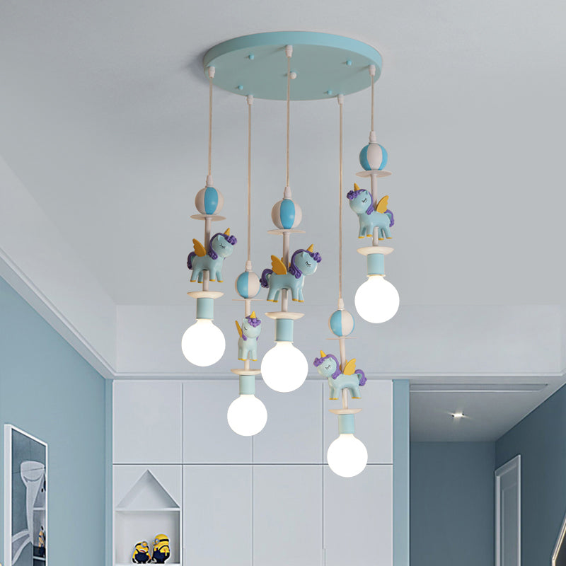Unicorn Shape Multi Ceiling Light Cartoon Resin 5 Bulbs Pink/Blue Finish Hanging Lamp Kit with Round Canopy Clearhalo 'Ceiling Lights' 'Pendant Lights' 'Pendants' Lighting' 1062568