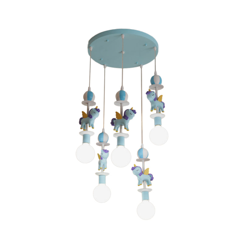 Unicorn Shape Multi Ceiling Light Cartoon Resin 5 Bulbs Pink/Blue Finish Hanging Lamp Kit with Round Canopy Clearhalo 'Ceiling Lights' 'Pendant Lights' 'Pendants' Lighting' 1062569