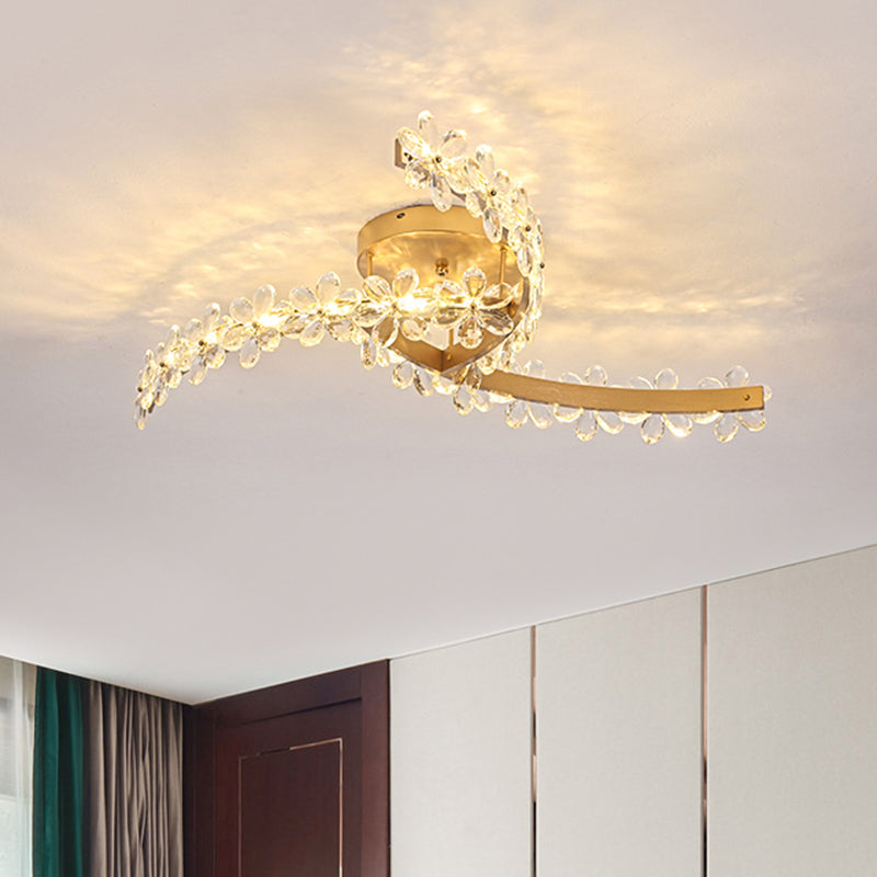 Flower Crystal Windmill Semi Mount Lighting Contemporary LED Gold Close to Ceiling Lamp Gold Clearhalo 'Ceiling Lights' 'Close To Ceiling Lights' 'Close to ceiling' 'Semi-flushmount' Lighting' 1062591