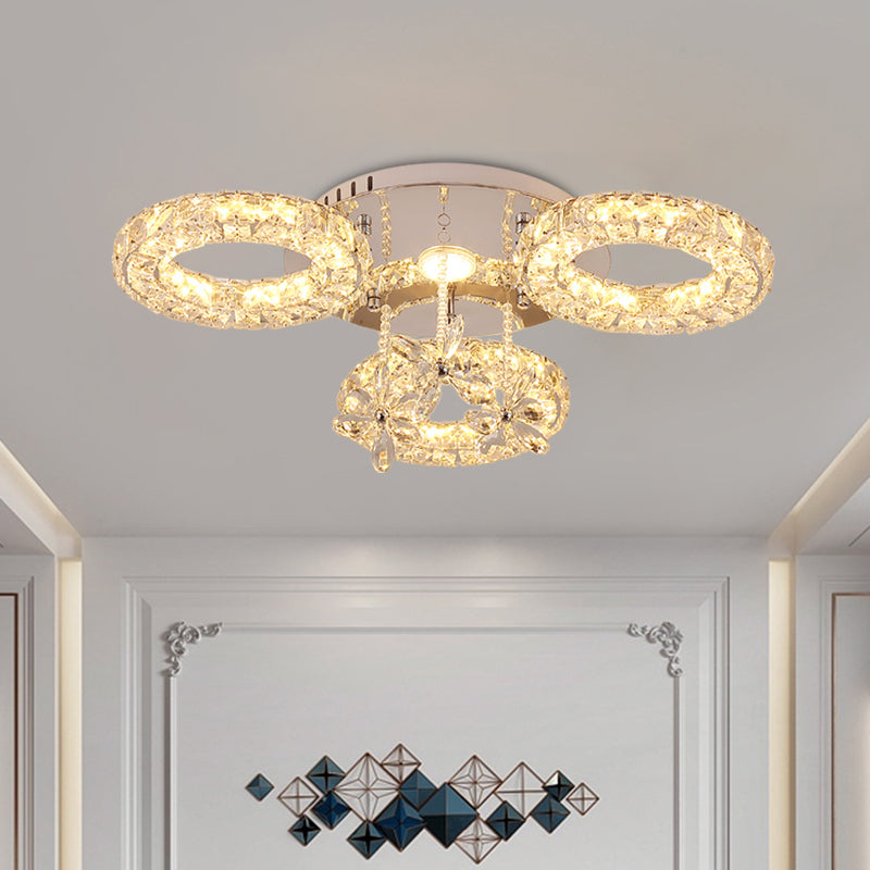 Nickel Hoop and Flower Semi Flush Lamp Modernist LED Crystal Close to Ceiling Lighting Nickel Clearhalo 'Ceiling Lights' 'Close To Ceiling Lights' 'Close to ceiling' 'Semi-flushmount' Lighting' 1062635