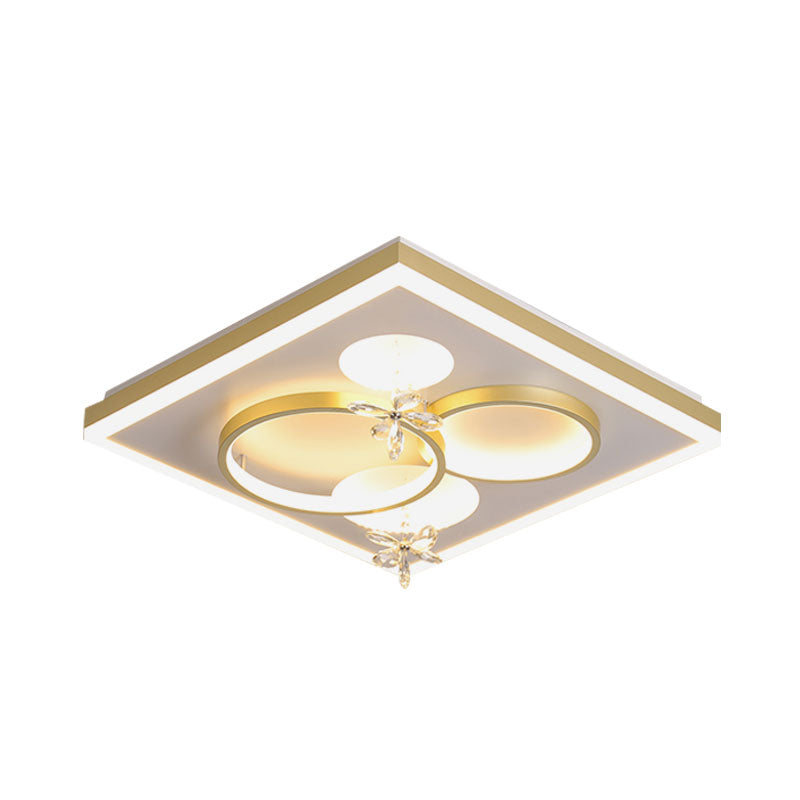 Squared Metal Flushmount Light Modern LED Gold Flush Lamp Fixture with Flower Crystal Decor Clearhalo 'Ceiling Lights' 'Close To Ceiling Lights' 'Close to ceiling' 'Flush mount' Lighting' 1062683