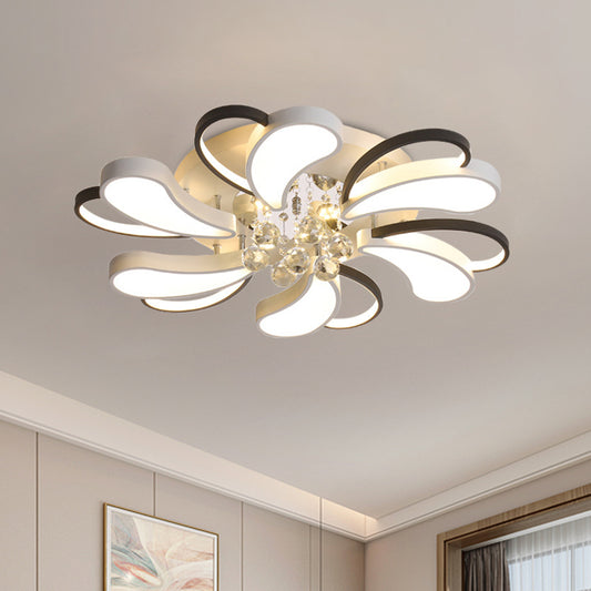 Black-White Spiral Heart Semi Flush Lamp Contemporary LED Metal Flush Mount with Crystal Droplet Black-White Clearhalo 'Ceiling Lights' 'Close To Ceiling Lights' 'Close to ceiling' 'Flush mount' Lighting' 1062685