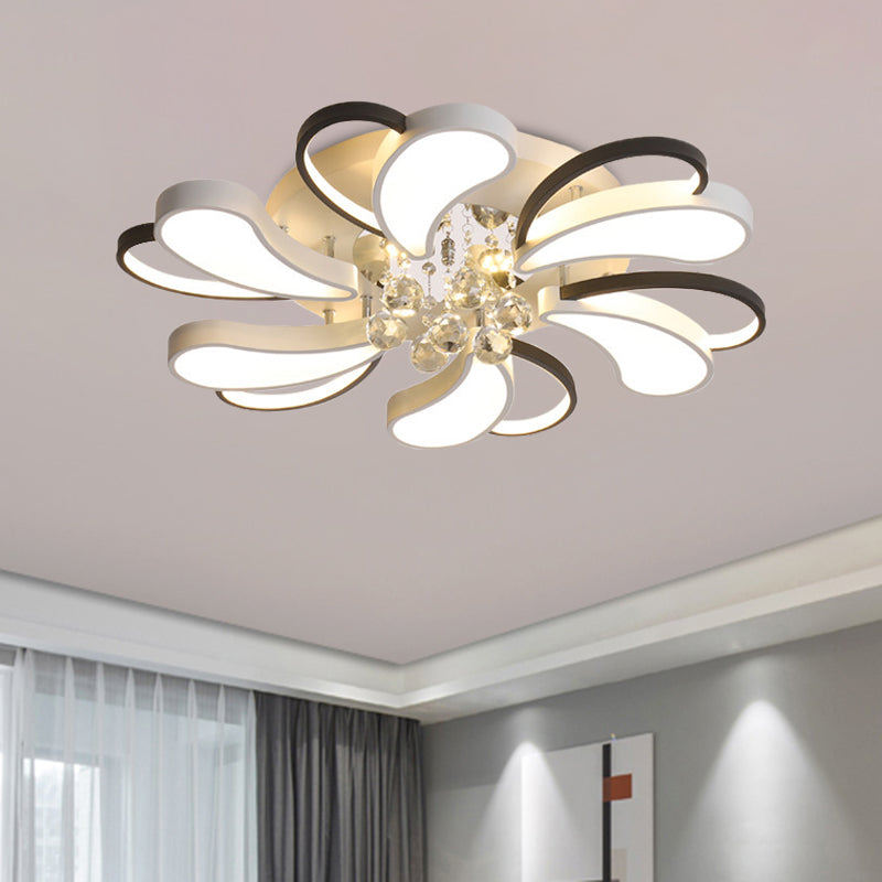 Black-White Spiral Heart Semi Flush Lamp Contemporary LED Metal Flush Mount with Crystal Droplet Clearhalo 'Ceiling Lights' 'Close To Ceiling Lights' 'Close to ceiling' 'Flush mount' Lighting' 1062686