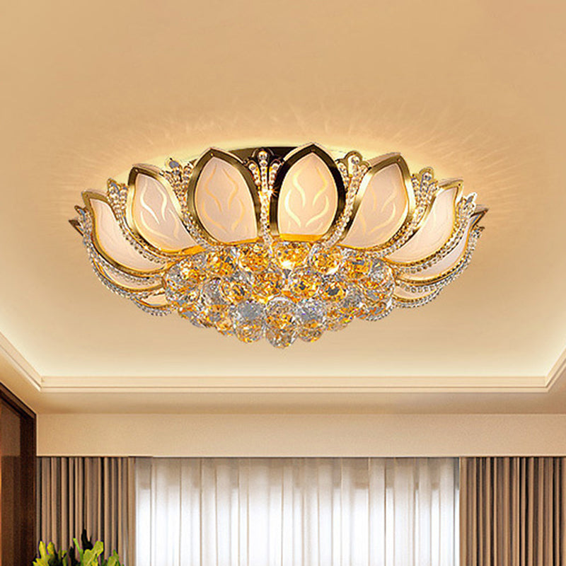 Crystal Orb Flower Flush Mount Lighting Modernism 7 Heads Living Room Flush Lamp Fixture in White and Gold Clearhalo 'Ceiling Lights' 'Close To Ceiling Lights' 'Close to ceiling' 'Flush mount' Lighting' 1062702