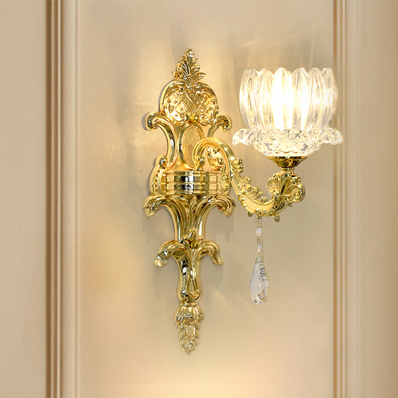 Clear Crystal Gold Wall Mount Light Lotus Shade 1/2-Head Mid Century Wall Lamp Sconce 1.0 Gold Clearhalo 'Wall Lamps & Sconces' 'Wall Lights' Lighting' 1062778