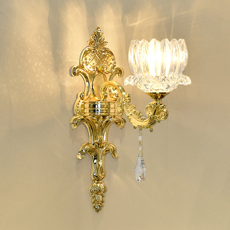 Clear Crystal Gold Wall Mount Light Lotus Shade 1/2-Head Mid Century Wall Lamp Sconce Clearhalo 'Wall Lamps & Sconces' 'Wall Lights' Lighting' 1062780