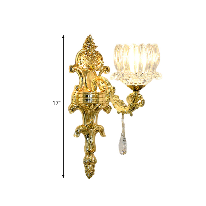 Clear Crystal Gold Wall Mount Light Lotus Shade 1/2-Head Mid Century Wall Lamp Sconce Clearhalo 'Wall Lamps & Sconces' 'Wall Lights' Lighting' 1062781