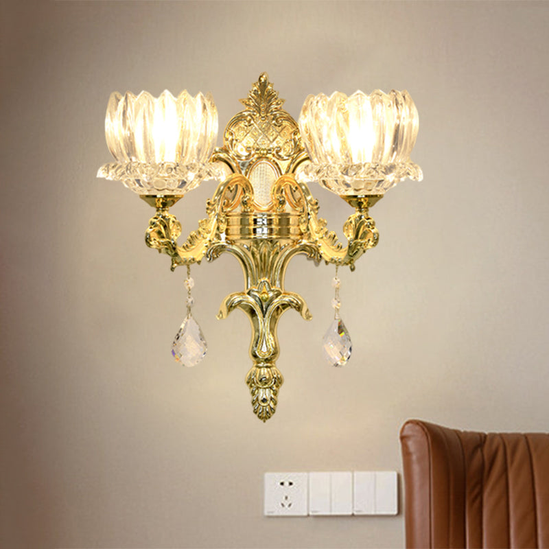 Clear Crystal Gold Wall Mount Light Lotus Shade 1/2-Head Mid Century Wall Lamp Sconce 2.0 Gold Clearhalo 'Wall Lamps & Sconces' 'Wall Lights' Lighting' 1062782