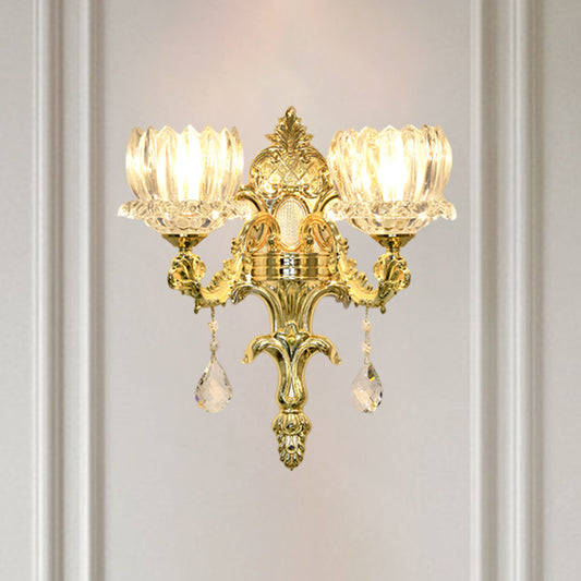 Clear Crystal Gold Wall Mount Light Lotus Shade 1/2-Head Mid Century Wall Lamp Sconce Clearhalo 'Wall Lamps & Sconces' 'Wall Lights' Lighting' 1062784