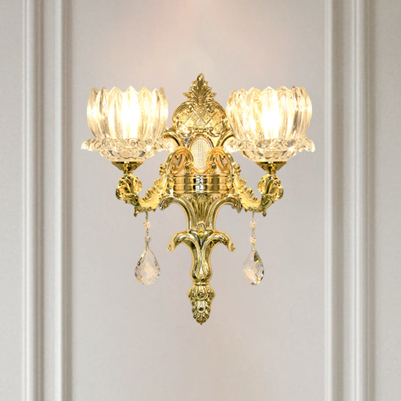 Clear Crystal Gold Wall Mount Light Lotus Shade 1/2-Head Mid Century Wall Lamp Sconce Clearhalo 'Wall Lamps & Sconces' 'Wall Lights' Lighting' 1062785