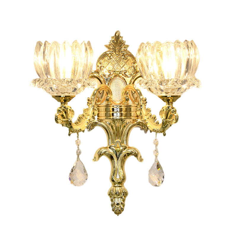 Clear Crystal Gold Wall Mount Light Lotus Shade 1/2-Head Mid Century Wall Lamp Sconce Clearhalo 'Wall Lamps & Sconces' 'Wall Lights' Lighting' 1062786