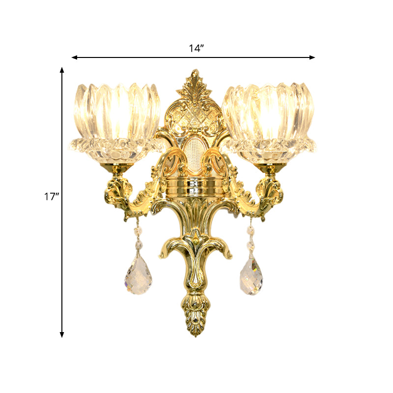 Clear Crystal Gold Wall Mount Light Lotus Shade 1/2-Head Mid Century Wall Lamp Sconce Clearhalo 'Wall Lamps & Sconces' 'Wall Lights' Lighting' 1062787