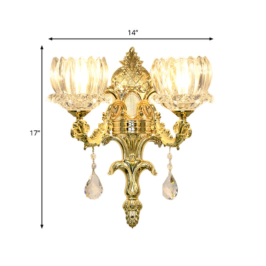 Clear Crystal Gold Wall Mount Light Lotus Shade 1/2-Head Mid Century Wall Lamp Sconce Clearhalo 'Wall Lamps & Sconces' 'Wall Lights' Lighting' 1062787