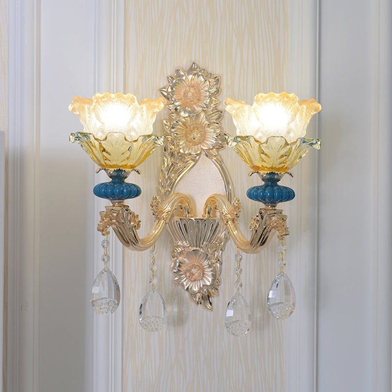 1/2-Bulb Floral Wall Lamp Fixture Traditional Gold Finish Crystal Wall Mounted Lighting 2.0 Gold Clearhalo 'Wall Lamps & Sconces' 'Wall Lights' Lighting' 1062792