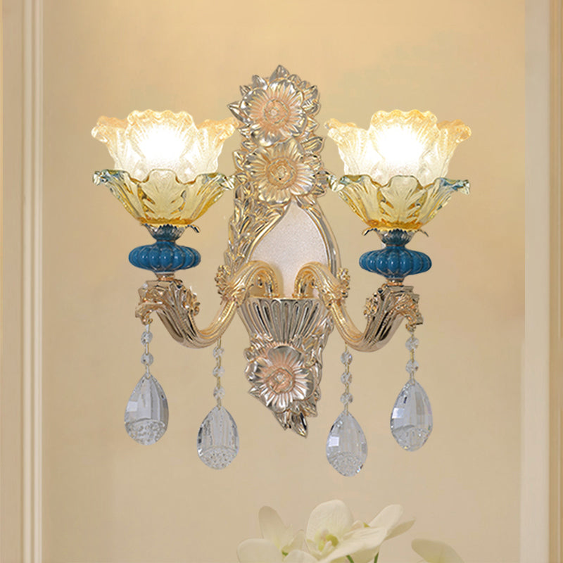 1/2-Bulb Floral Wall Lamp Fixture Traditional Gold Finish Crystal Wall Mounted Lighting Clearhalo 'Wall Lamps & Sconces' 'Wall Lights' Lighting' 1062793