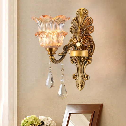 Brass 1/2-Head Sconce Lighting Mid Century Clear Crystal Glass Flower Shade Wall Lamp Clearhalo 'Wall Lamps & Sconces' 'Wall Lights' Lighting' 1062798