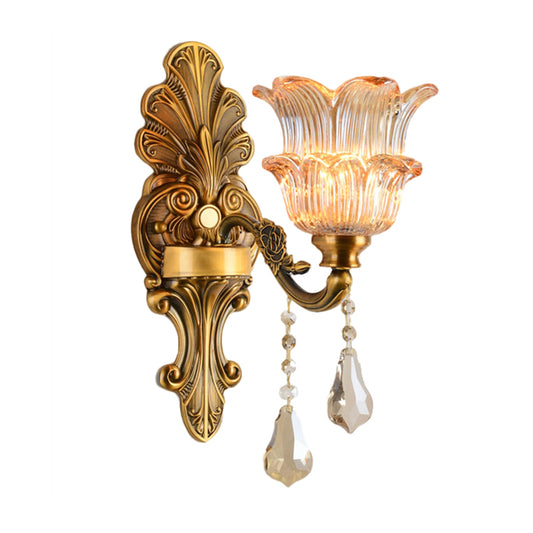 Brass 1/2-Head Sconce Lighting Mid Century Clear Crystal Glass Flower Shade Wall Lamp Clearhalo 'Wall Lamps & Sconces' 'Wall Lights' Lighting' 1062799